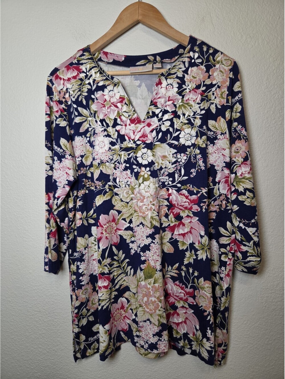 Belle by Kim Gravel Velvet Trim Women's L Blue Floral Long Sleeve Pullover Top